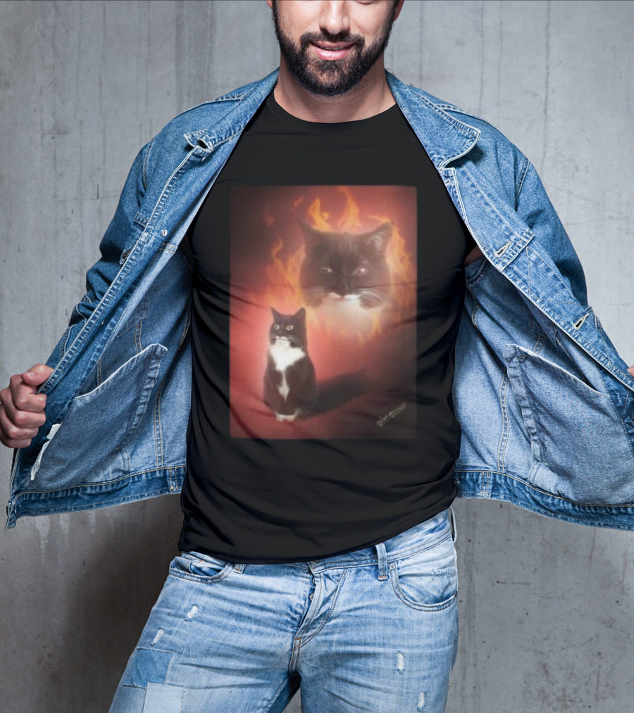 Olan Meows Black And White Cat Flames Retro Theme T-Shirt