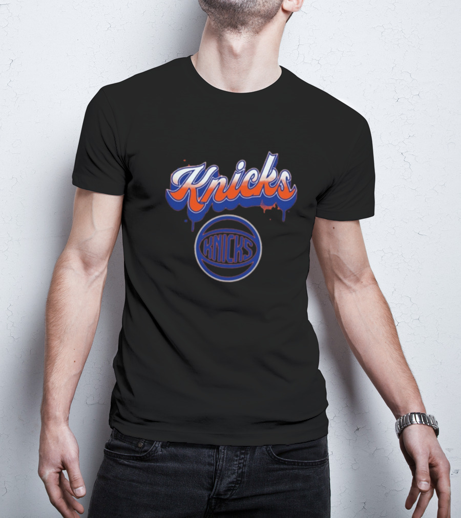 New York Knicks Orange Blue Bubbly Script Basketball Emblem T-Shirt
