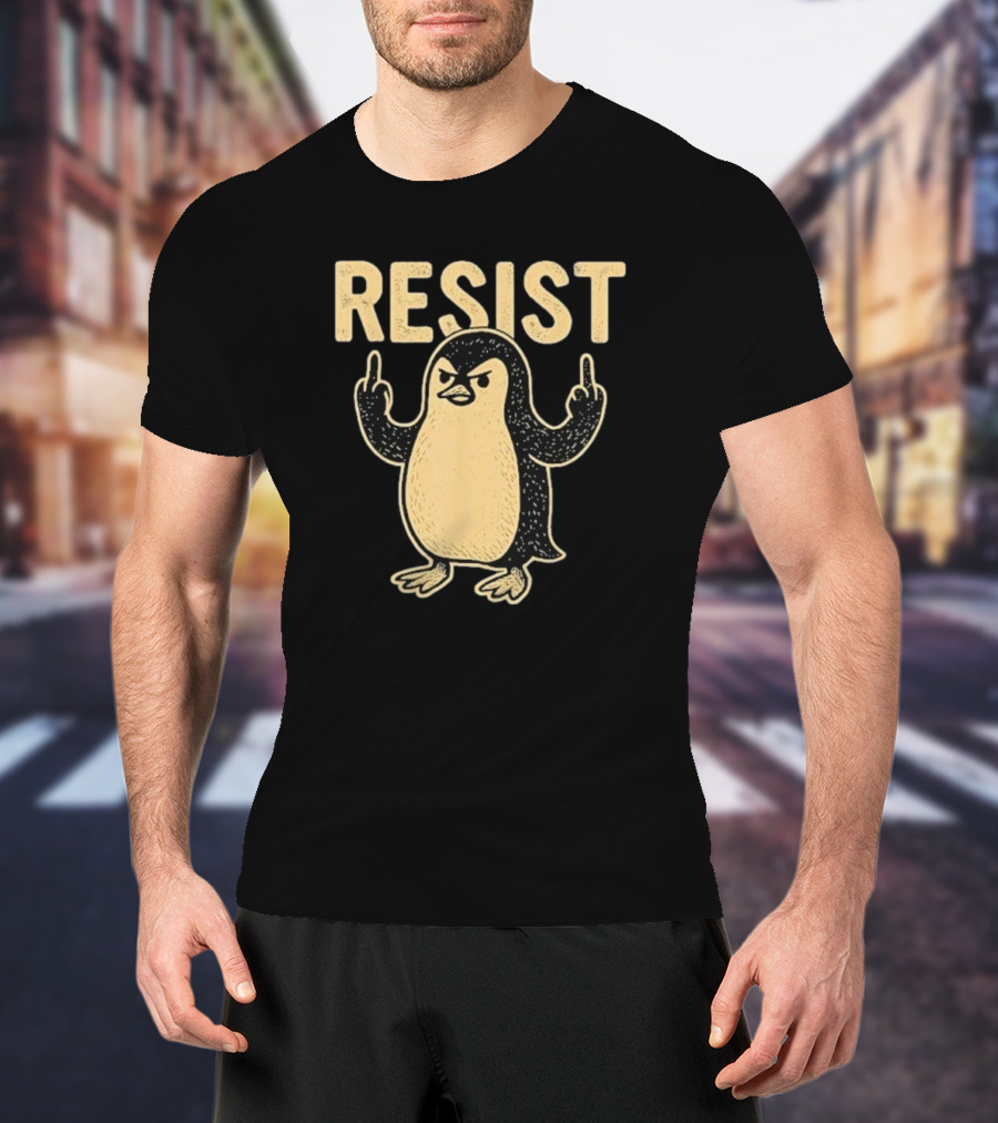 Resist Penguin Middle Finger Protest Symbol T-Shirt