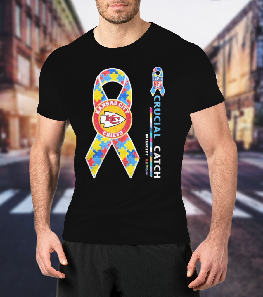 Kansas City Chiefs NFL Puzzle Ribbon Autism Awareness Crucial Catch T-Shirt