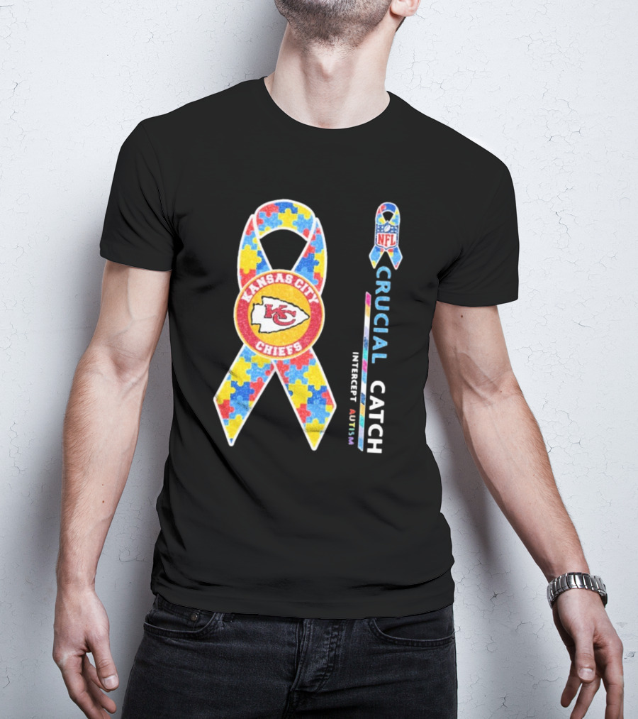Kansas City Chiefs NFL Puzzle Ribbon Autism Awareness Crucial Catch T-Shirt