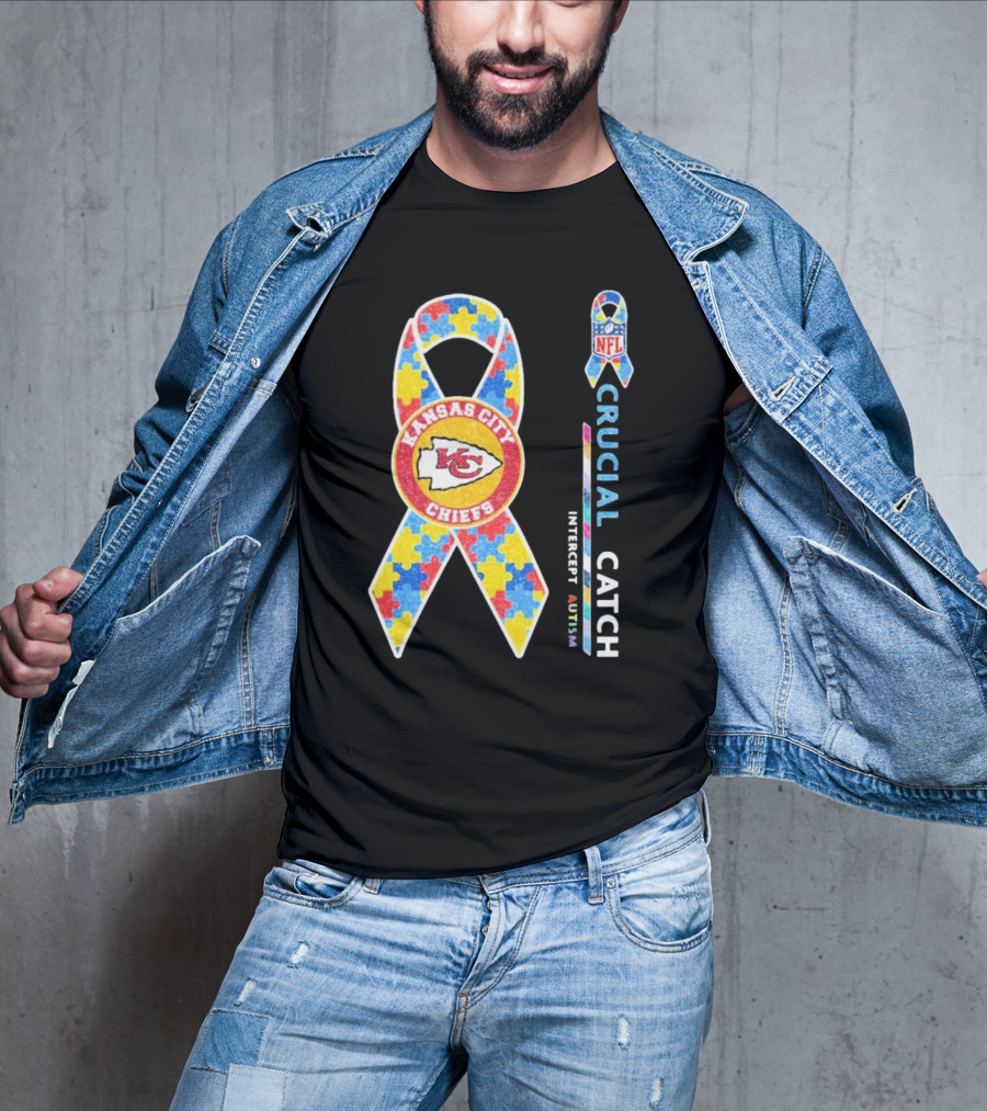 Kansas City Chiefs NFL Puzzle Ribbon Autism Awareness Crucial Catch T-Shirt