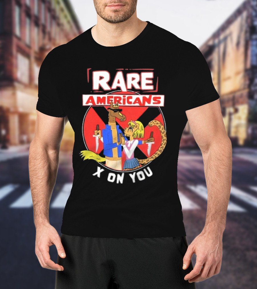 Rare Americans X On You Two Characters Holding Knives Circular Badge T-Shirt