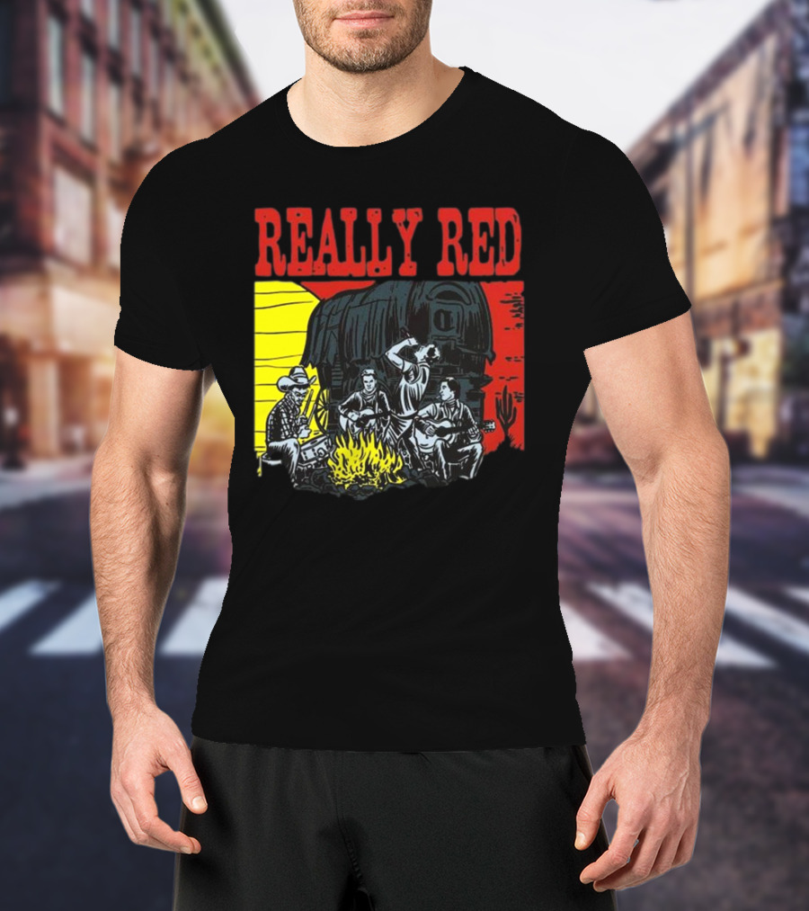 Really Red Cow Punks Campfire Scene With Musical Cowboys And Wagon T-Shirt