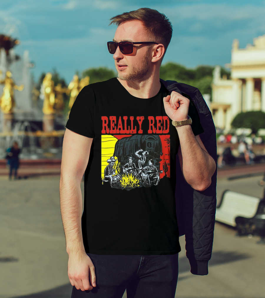 Really Red Cow Punks Campfire Scene With Musical Cowboys And Wagon T-Shirt