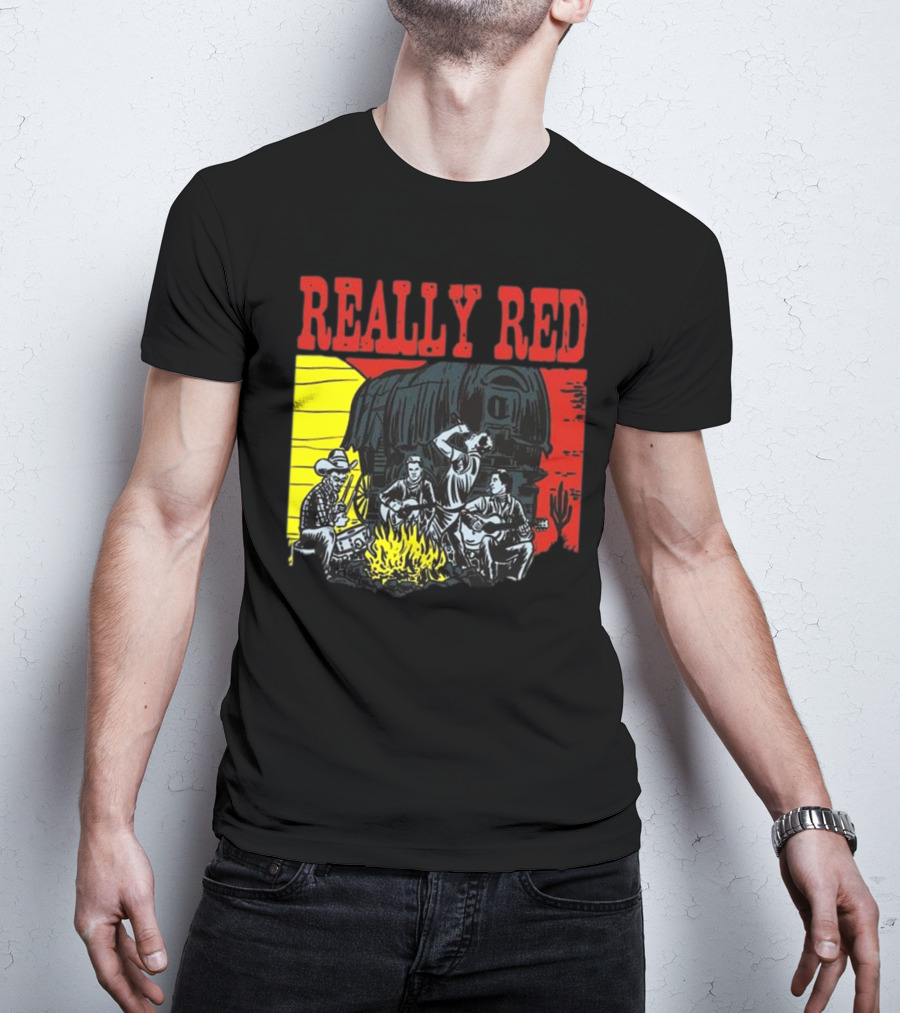Really Red Cow Punks Campfire Scene With Musical Cowboys And Wagon T-Shirt