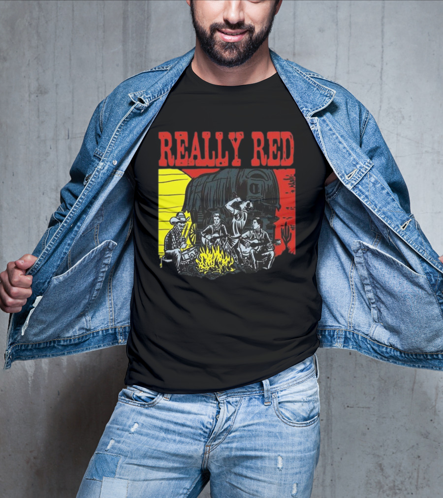 Really Red Cow Punks Campfire Scene With Musical Cowboys And Wagon T-Shirt