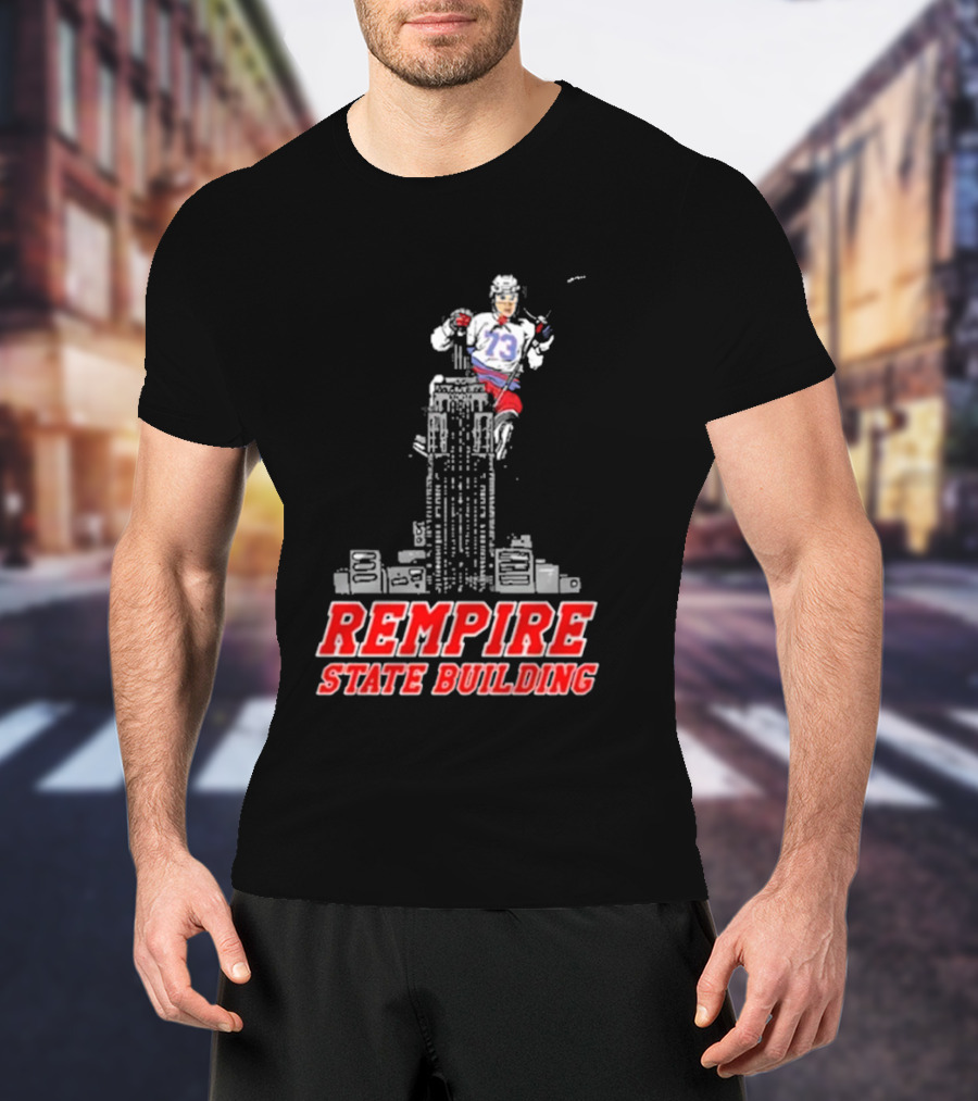 Rempire State Building Red And Blue Hockey Player Skyscraper Concept T-Shirt