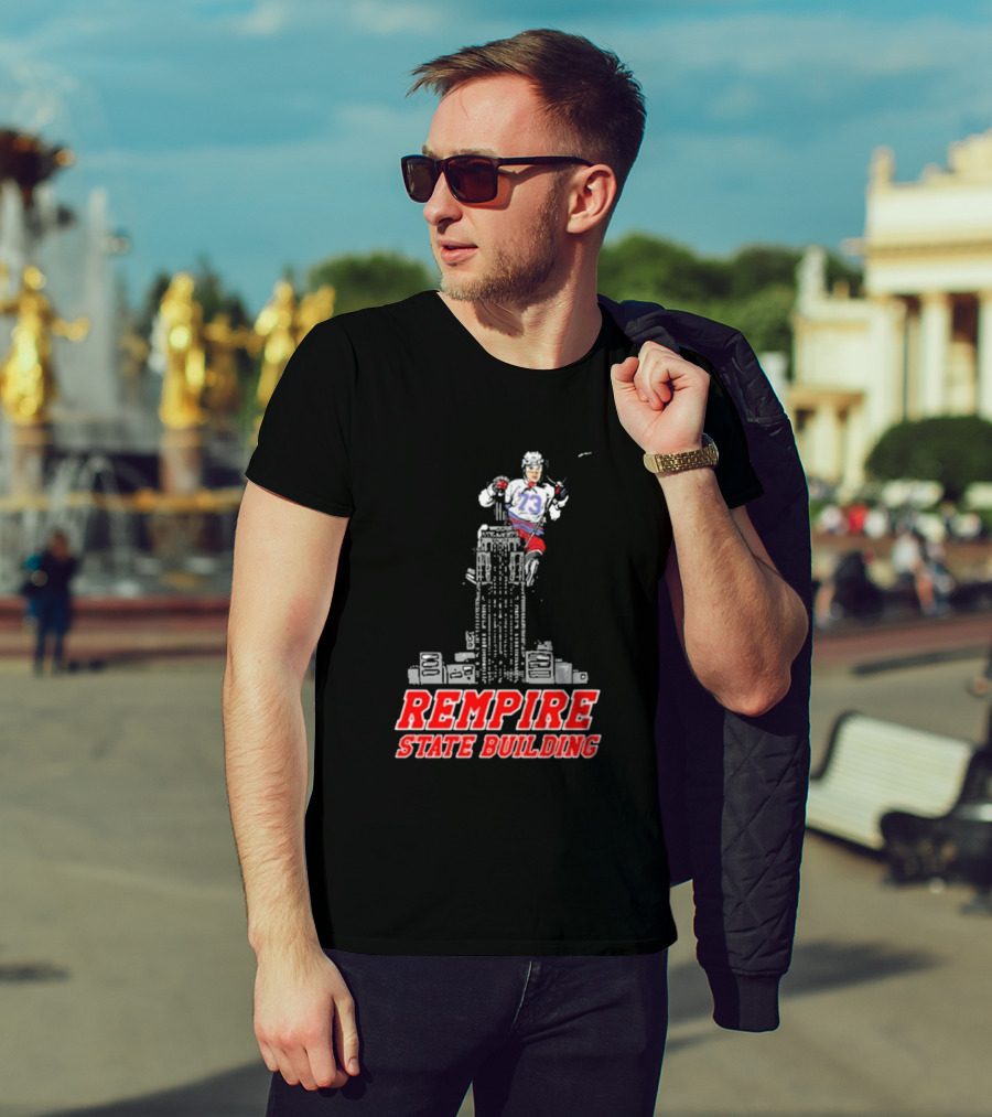 Rempire State Building Red And Blue Hockey Player Skyscraper Concept T-Shirt