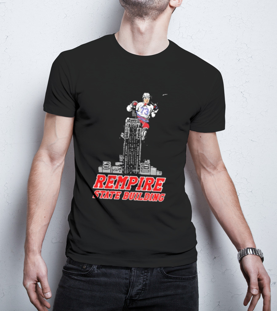 Rempire State Building Red And Blue Hockey Player Skyscraper Concept T-Shirt