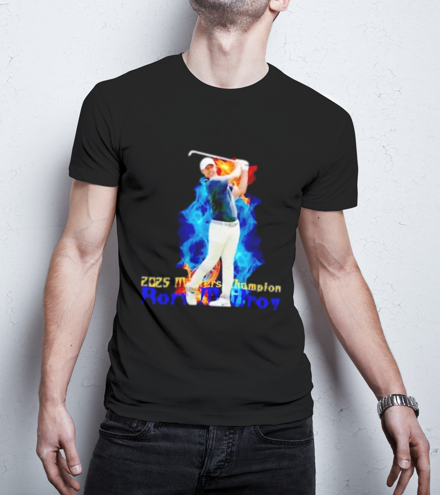 Rory McIlroy 2025 Masters Champion Golf Swing With Fire And Blue Flame Background T-Shirt