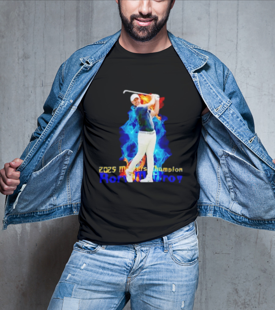 Rory McIlroy 2025 Masters Champion Golf Swing With Fire And Blue Flame Background T-Shirt