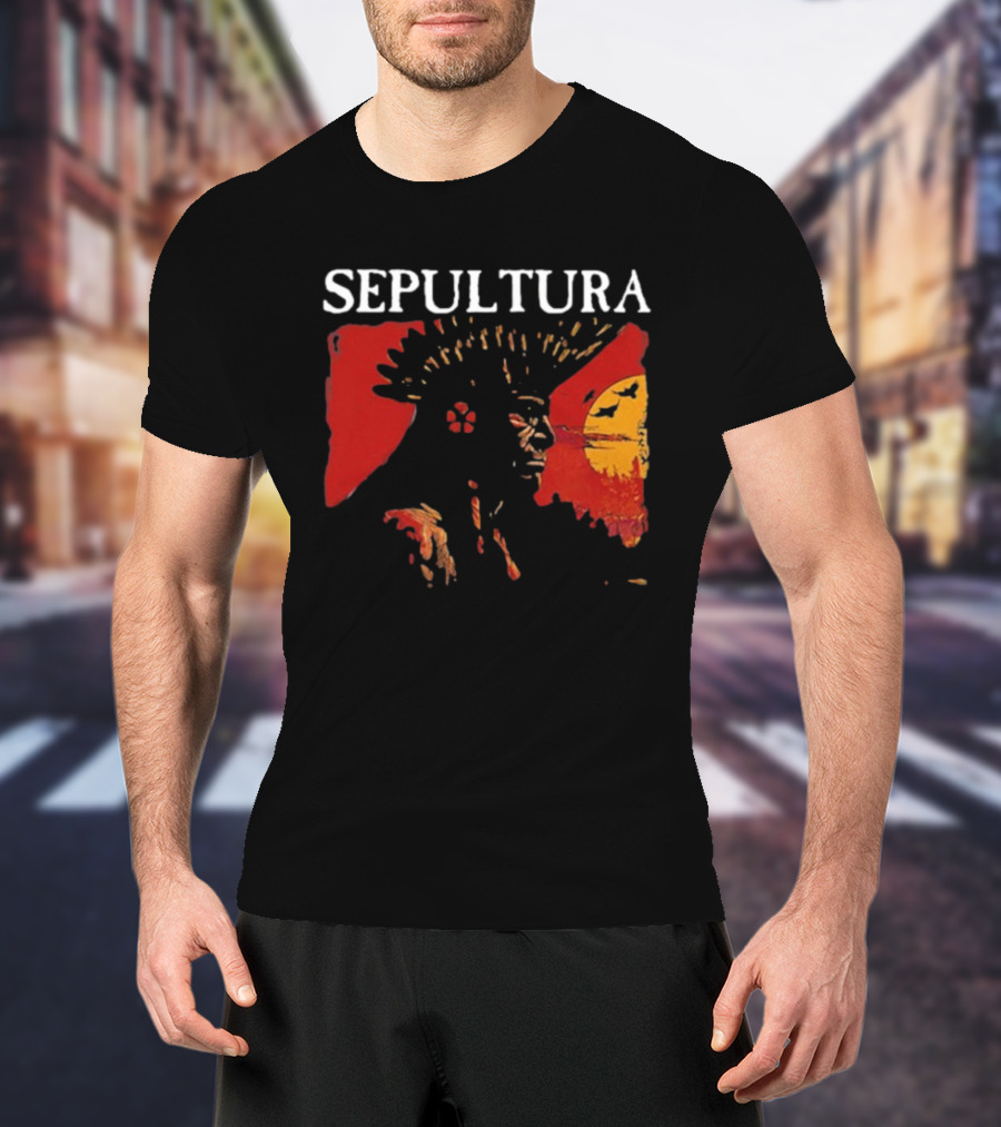 Sepultura Celebrating Life Through Death Black Sunburst And Sunset Scene T-Shirt