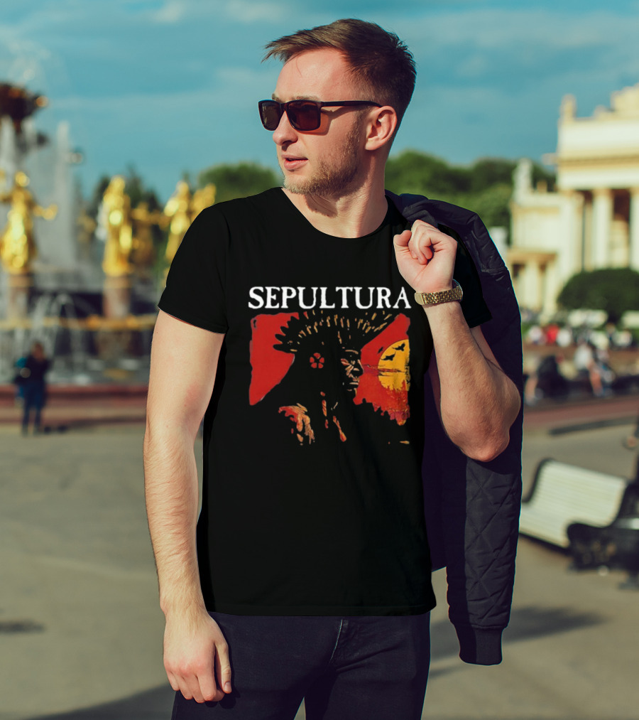 Sepultura Celebrating Life Through Death Black Sunburst And Sunset Scene T-Shirt