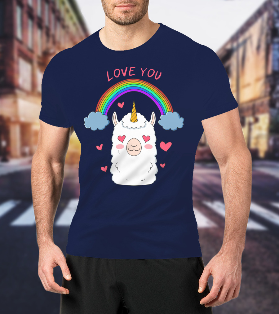 Love You Alpaca Unicorn Rainbow Cloud Hearts T-Shirt