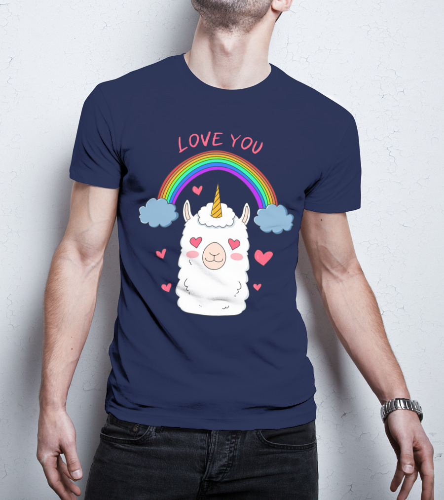 Love You Alpaca Unicorn Rainbow Cloud Hearts T-Shirt
