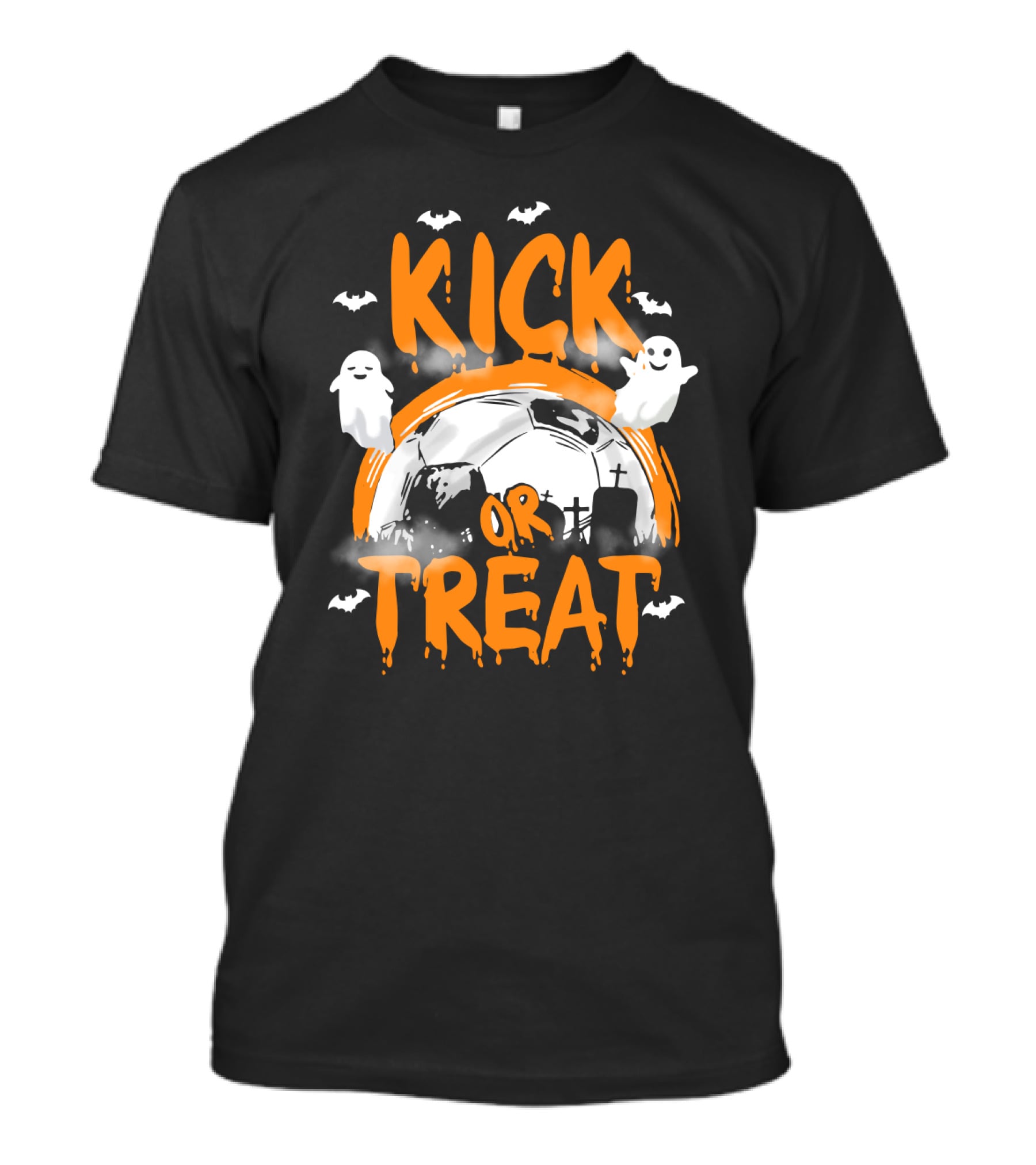 Kick Or Treat Halloween Soccer Theme Ghosts And Bats T-Shirt