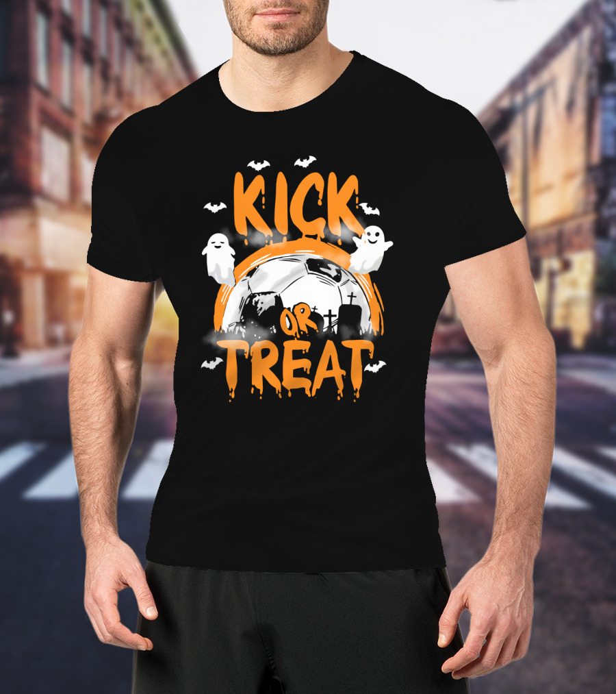 Kick Or Treat Halloween Soccer Theme Ghosts And Bats T-Shirt