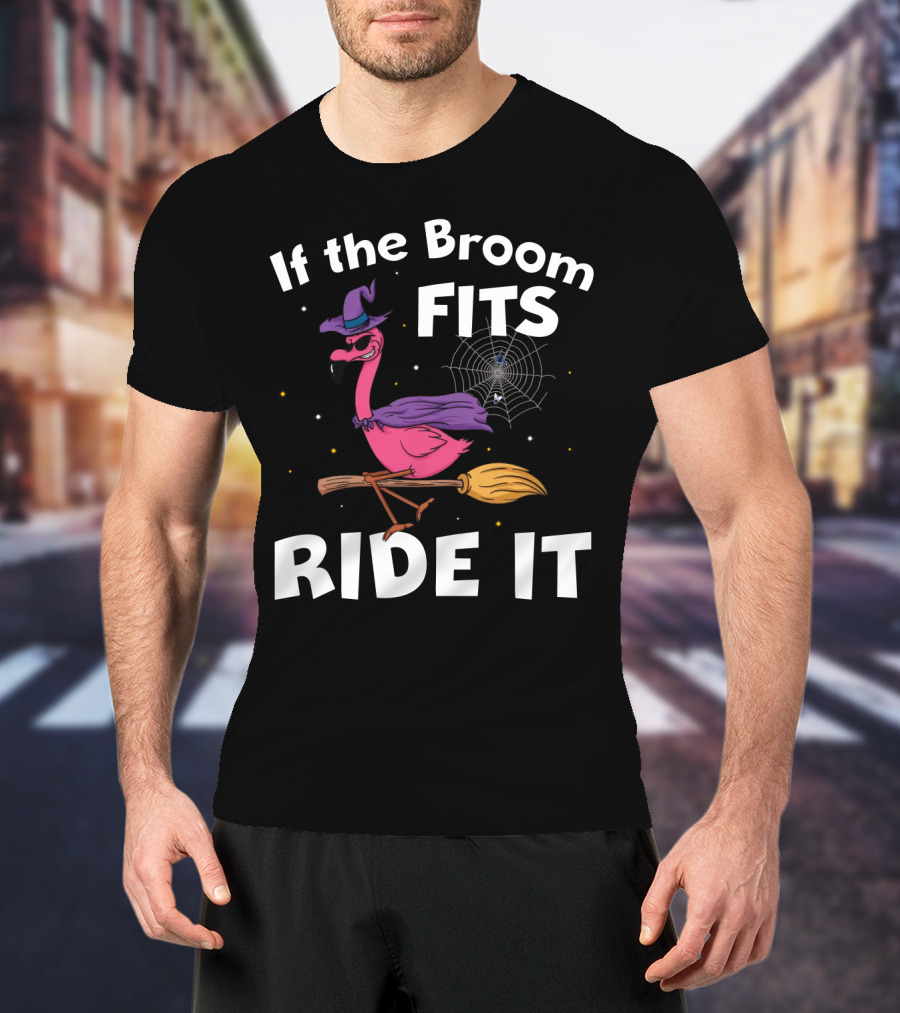 If The Broom Fits Ride It Flamingo Witch Hat Broomstick Halloween T-Shirt