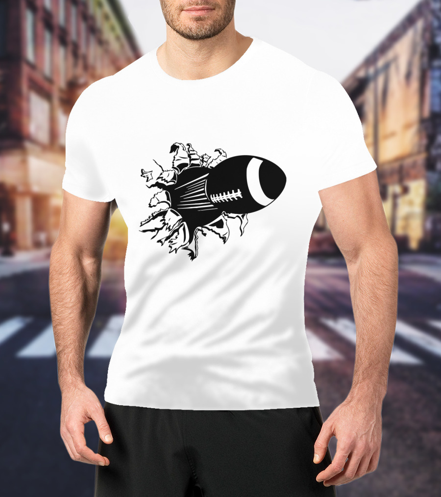 Flying American Football Breaking Through Barrier T-Shirt