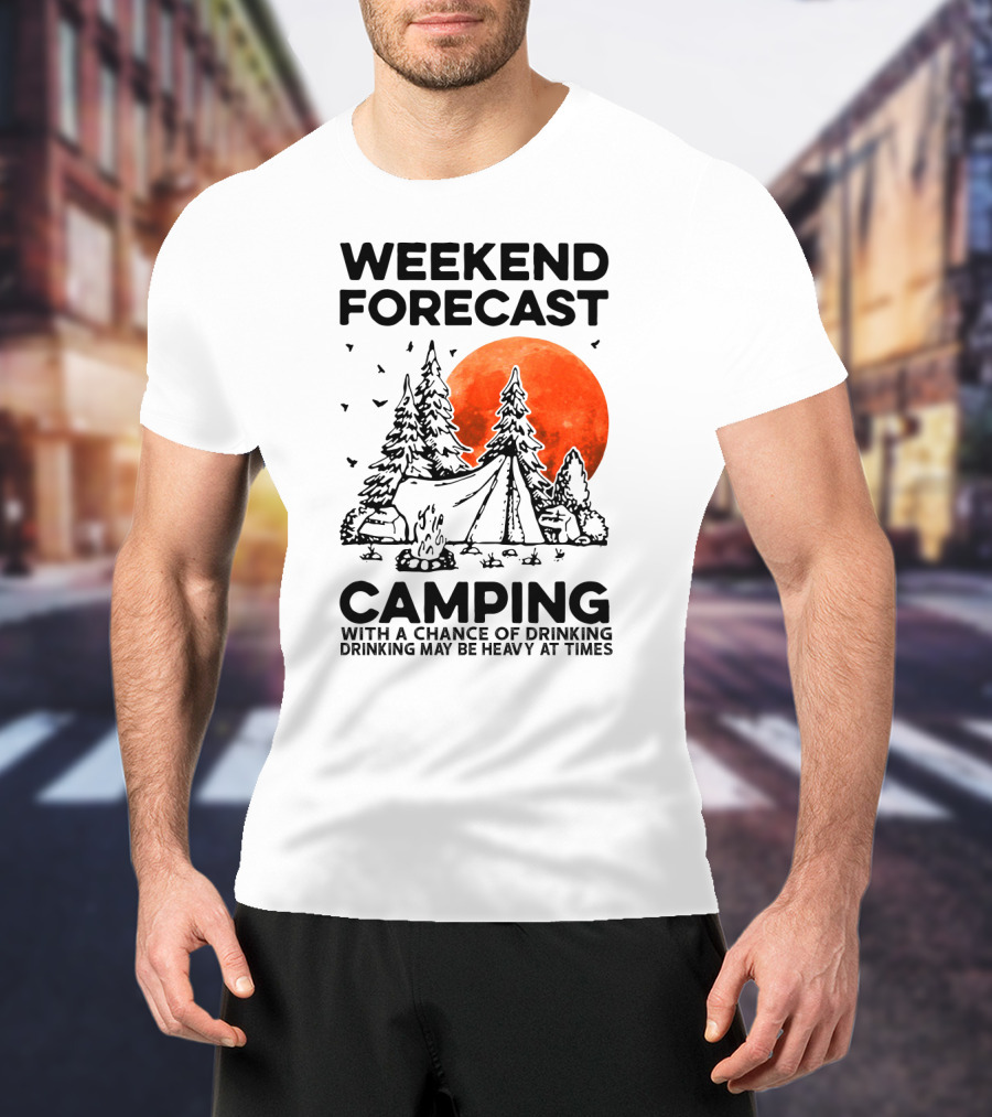 Weekend Forecast Camping With A Chance Of Drinking Drinking May Be Heavy At Times Vibrant Red Moon Forest Nighttime Scene T-Shirt