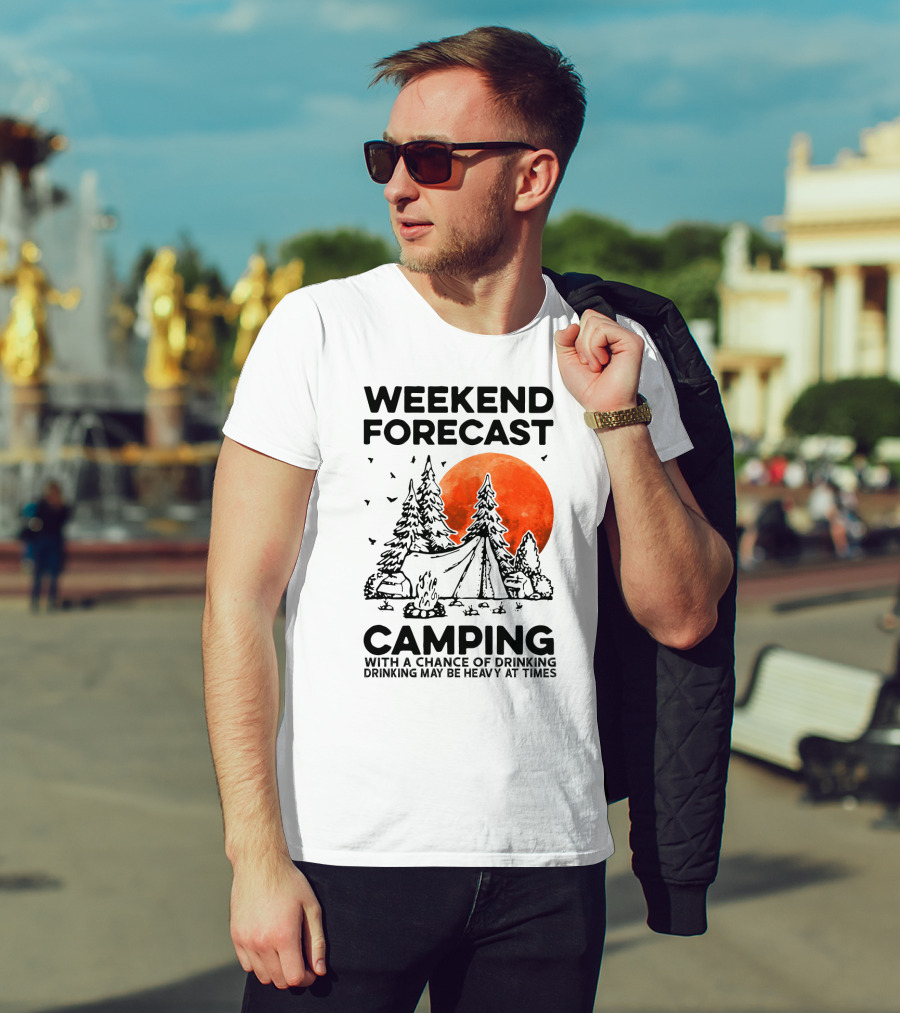 Weekend Forecast Camping With A Chance Of Drinking Drinking May Be Heavy At Times Vibrant Red Moon Forest Nighttime Scene T-Shirt
