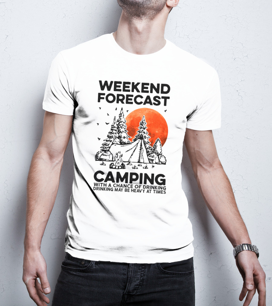Weekend Forecast Camping With A Chance Of Drinking Drinking May Be Heavy At Times Vibrant Red Moon Forest Nighttime Scene T-Shirt
