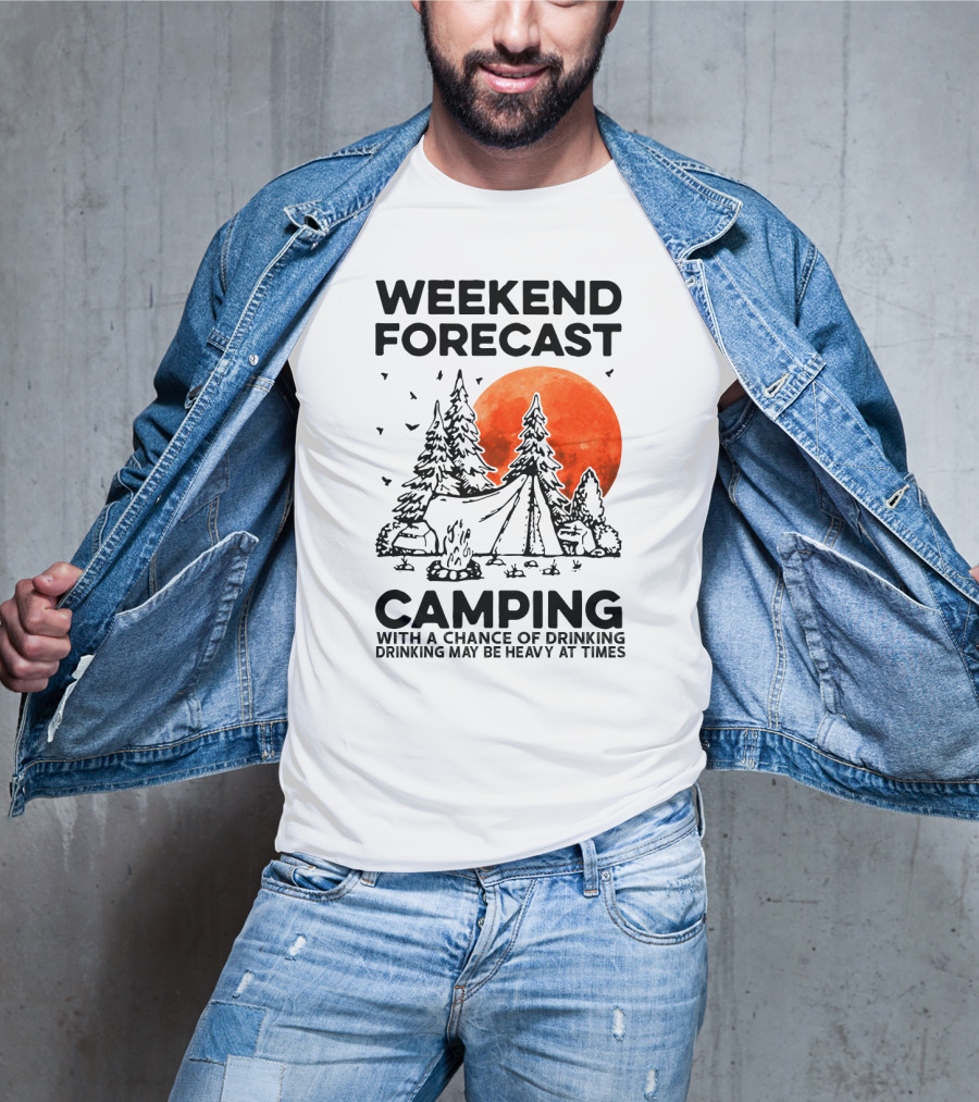 Weekend Forecast Camping With A Chance Of Drinking Drinking May Be Heavy At Times Vibrant Red Moon Forest Nighttime Scene T-Shirt
