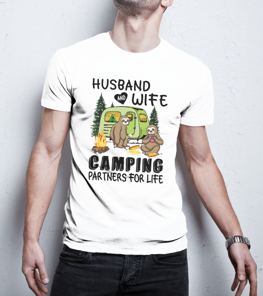 Sloth Lovers Husband And Wife Camping Partners For Life With Campfire Scene T-Shirt