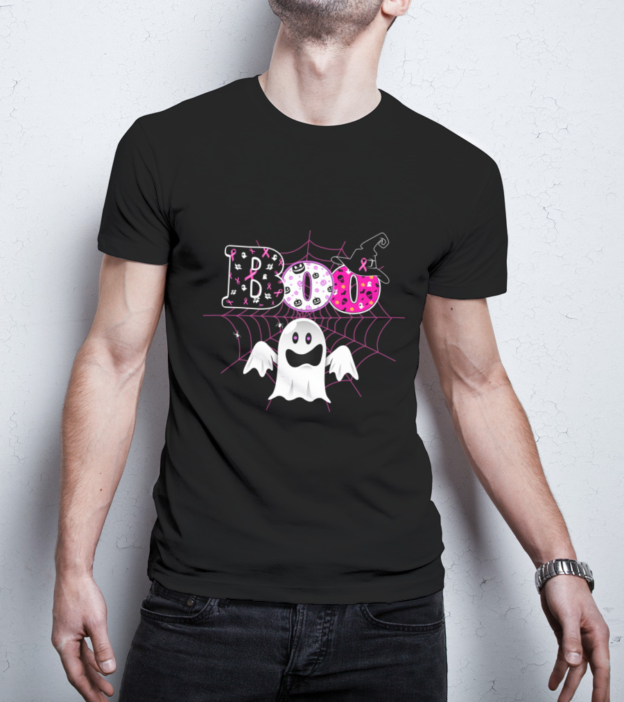 Boo Breast Cancer Awareness Halloween Ghost With Pink Ribbons And Witch Hat T-Shirt