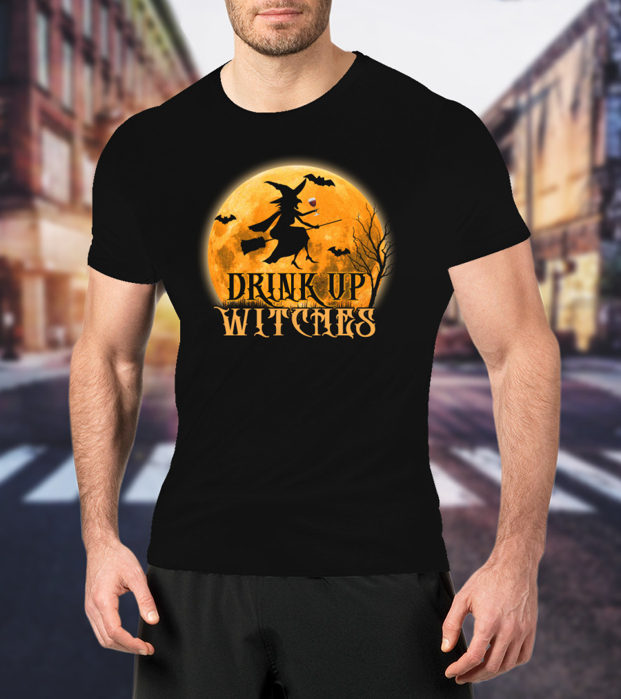 Drink Up Witches Wine Halloween Moon Bats Broomstick T-Shirt