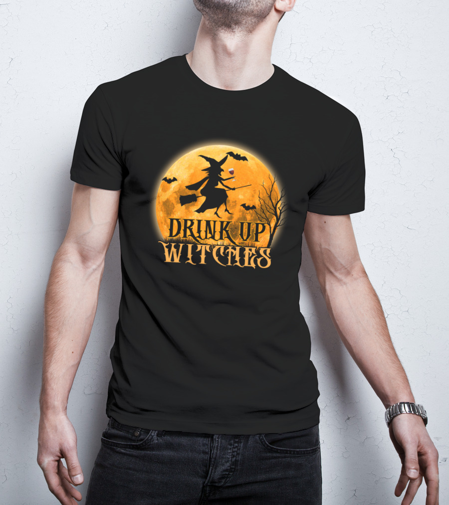 Drink Up Witches Wine Halloween Moon Bats Broomstick T-Shirt