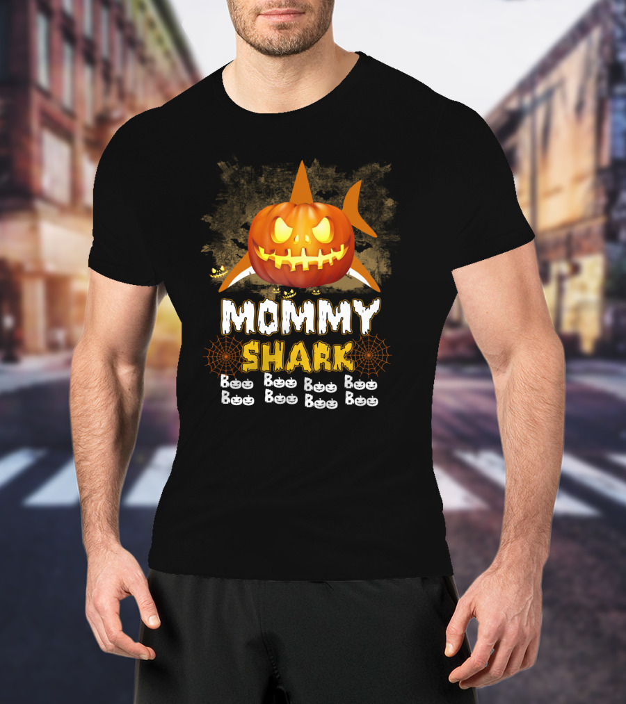 Mommy Shark Pumpkin Boo Halloween Jack-O'-Lantern And Spiderwebs T-Shirt
