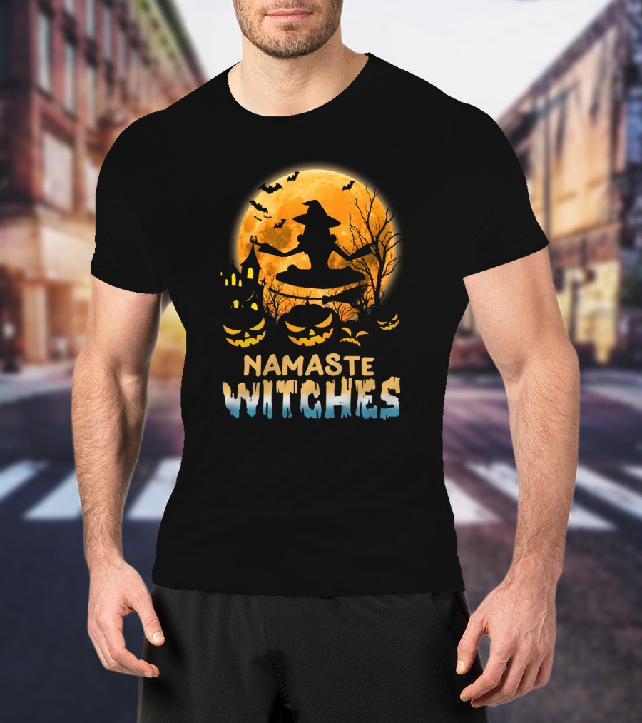 Namaste Witches Yoga Halloween Moon And Pumpkins T-Shirt