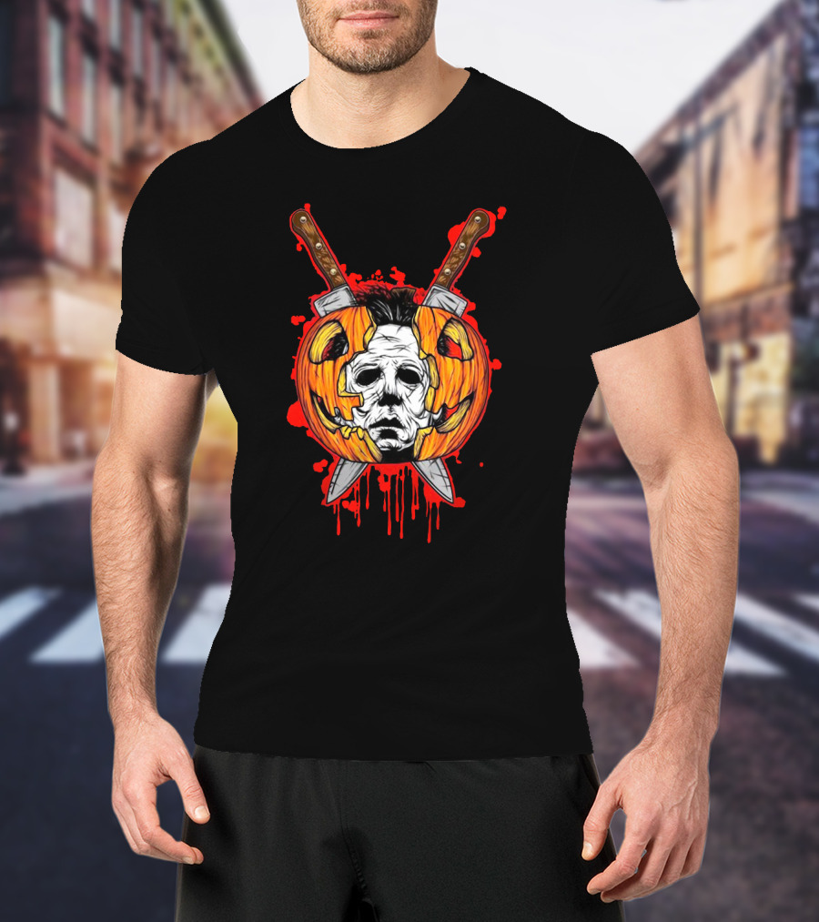 Michael Myers Pumpkin Head Halloween Horror Iconic Mask Crossed Knives T-Shirt