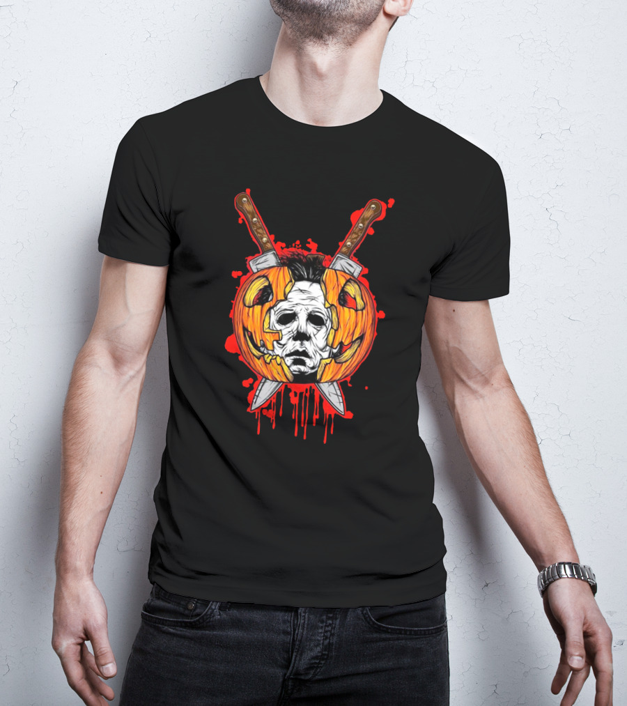 Michael Myers Pumpkin Head Halloween Horror Iconic Mask Crossed Knives T-Shirt