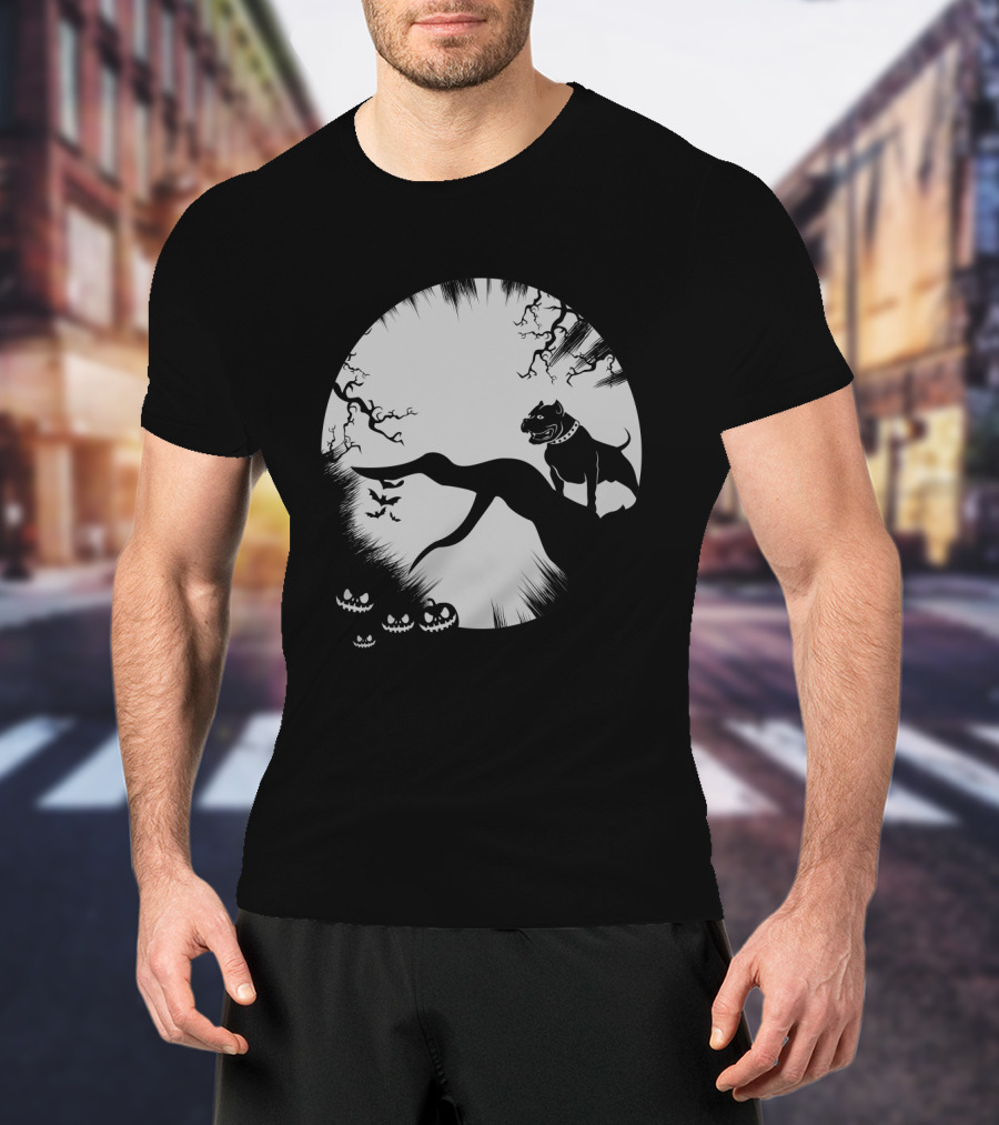 Pitbull Halloween Moon With Jack O'Lanterns And Bats T-Shirt