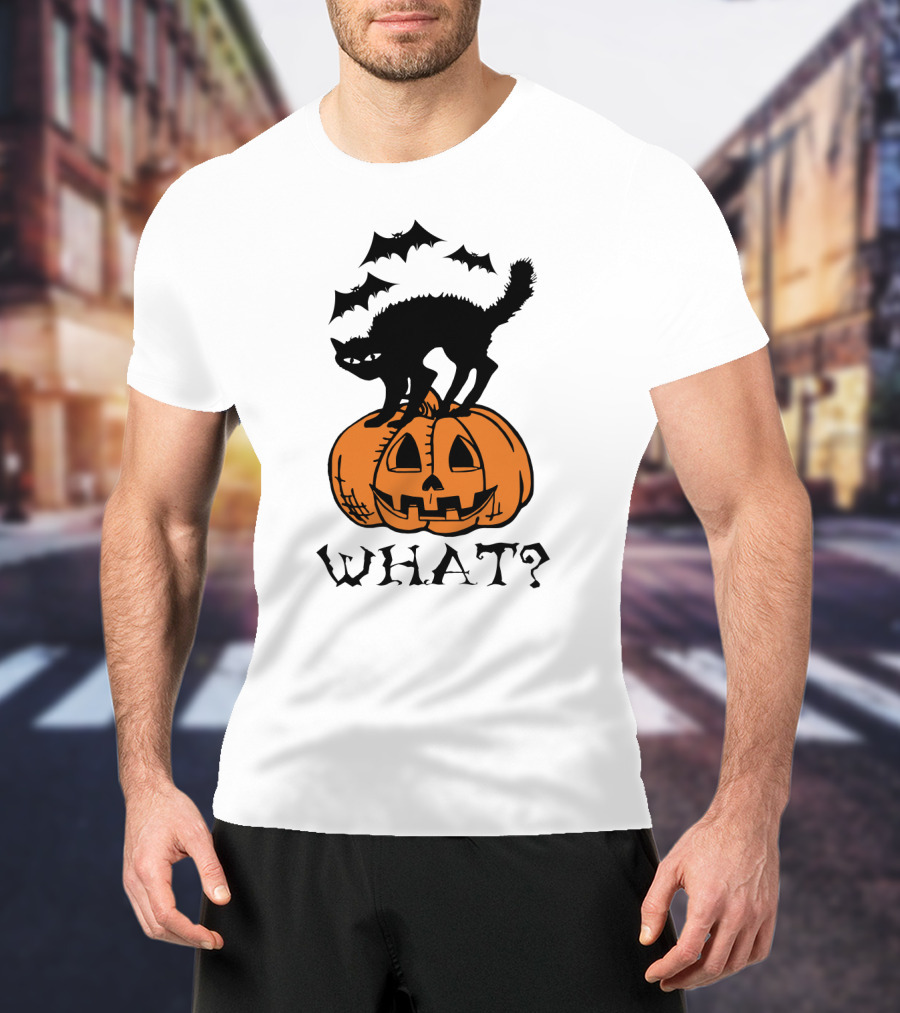 WHAT Black Cat Halloween Pumpkin Bats T-Shirt