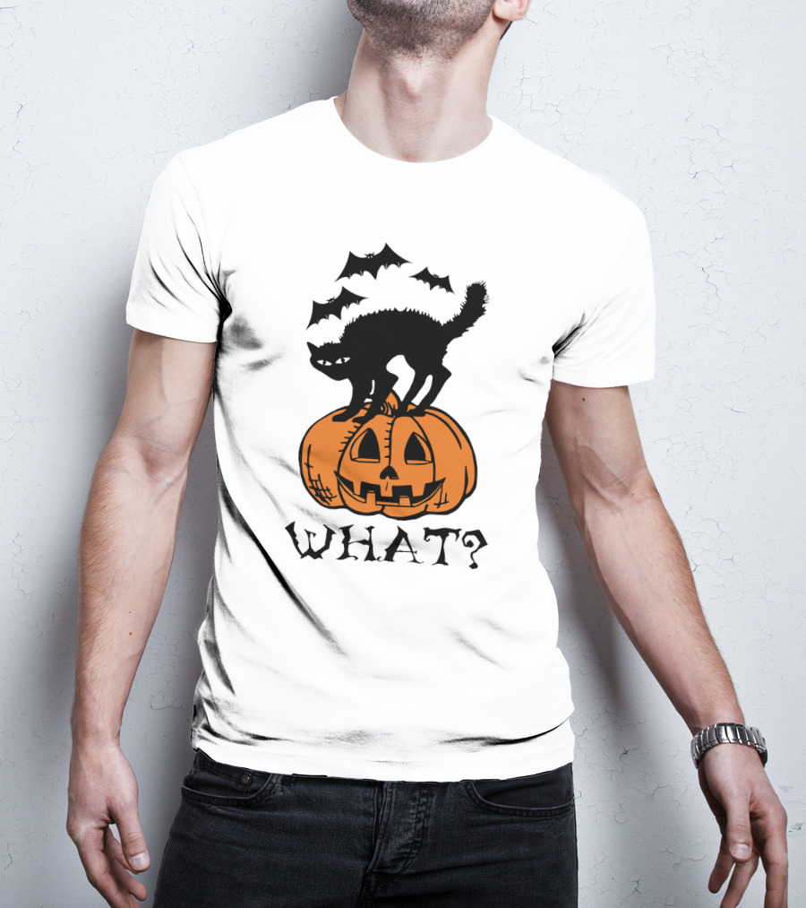 WHAT Black Cat Halloween Pumpkin Bats T-Shirt