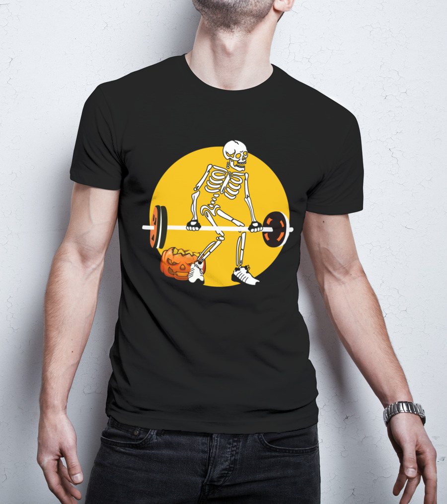Skeleton Lifting Barbell With Pumpkin Halloween T-Shirt