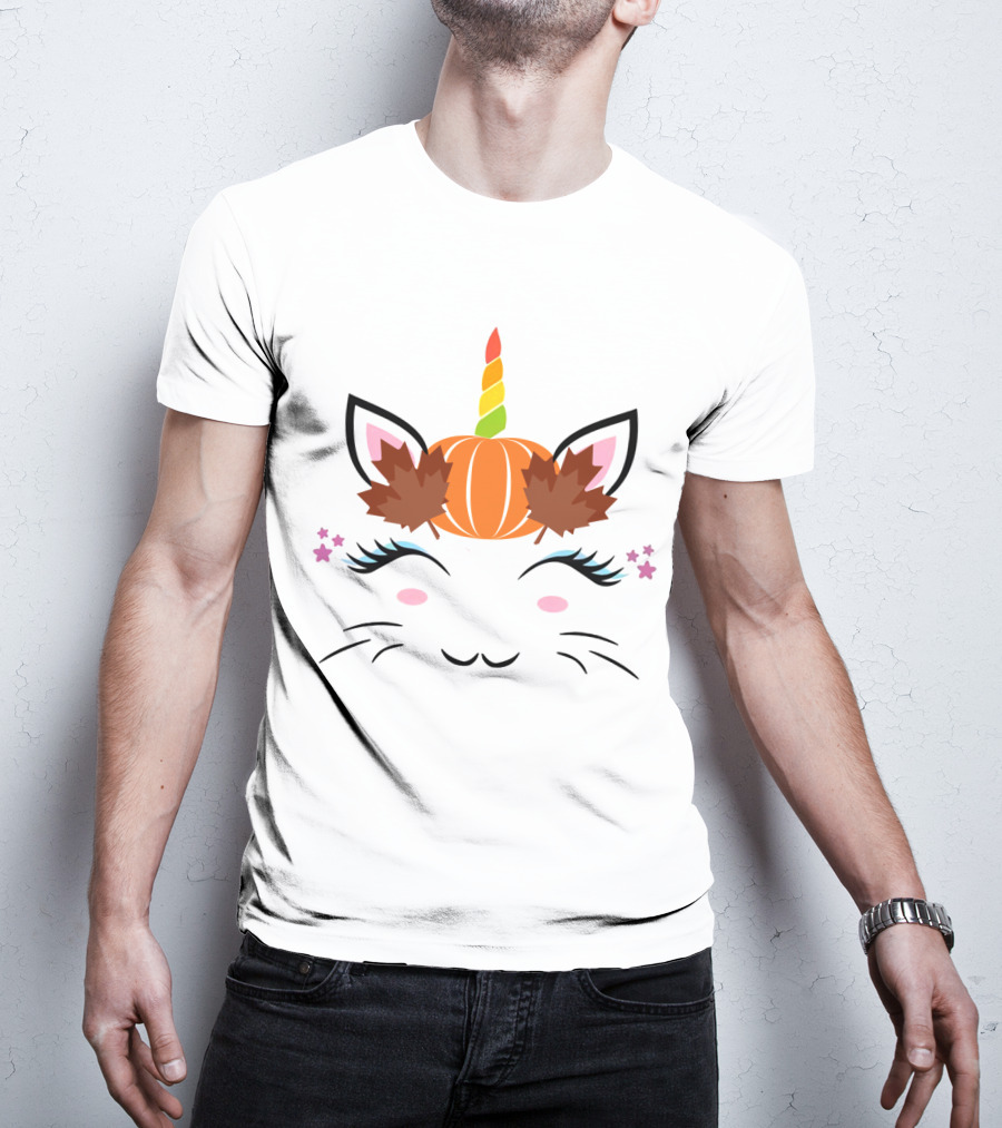 Caticorn Pumpkin Halloween Cat Unicorn Lover Fall Leaves T-Shirt