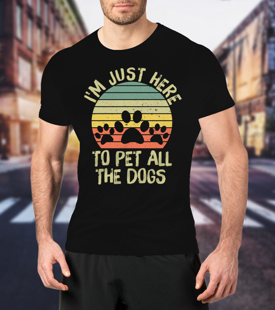 I'm Just Here To Pet All The Dogs Retro Paw Print Stripes T-Shirt