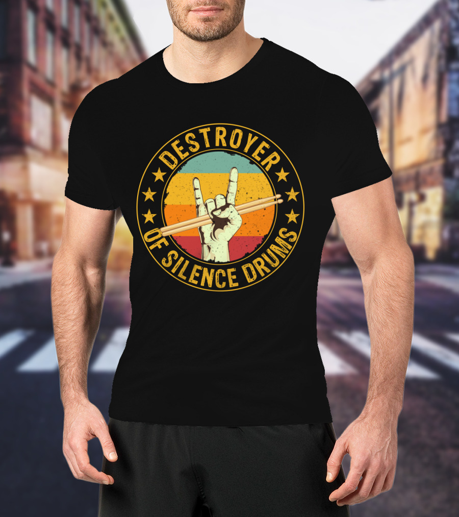 Destroyer Of Silence Drums Rock Hand Gesture Stars Retro Stripes T-Shirt