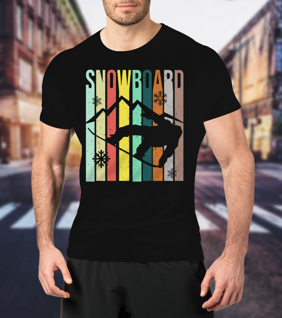 Snowboard Snowboarding Retro Mountain Silhouette Snowflakes T-Shirt