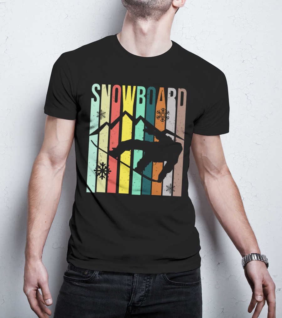 Snowboard Snowboarding Retro Mountain Silhouette Snowflakes T-Shirt