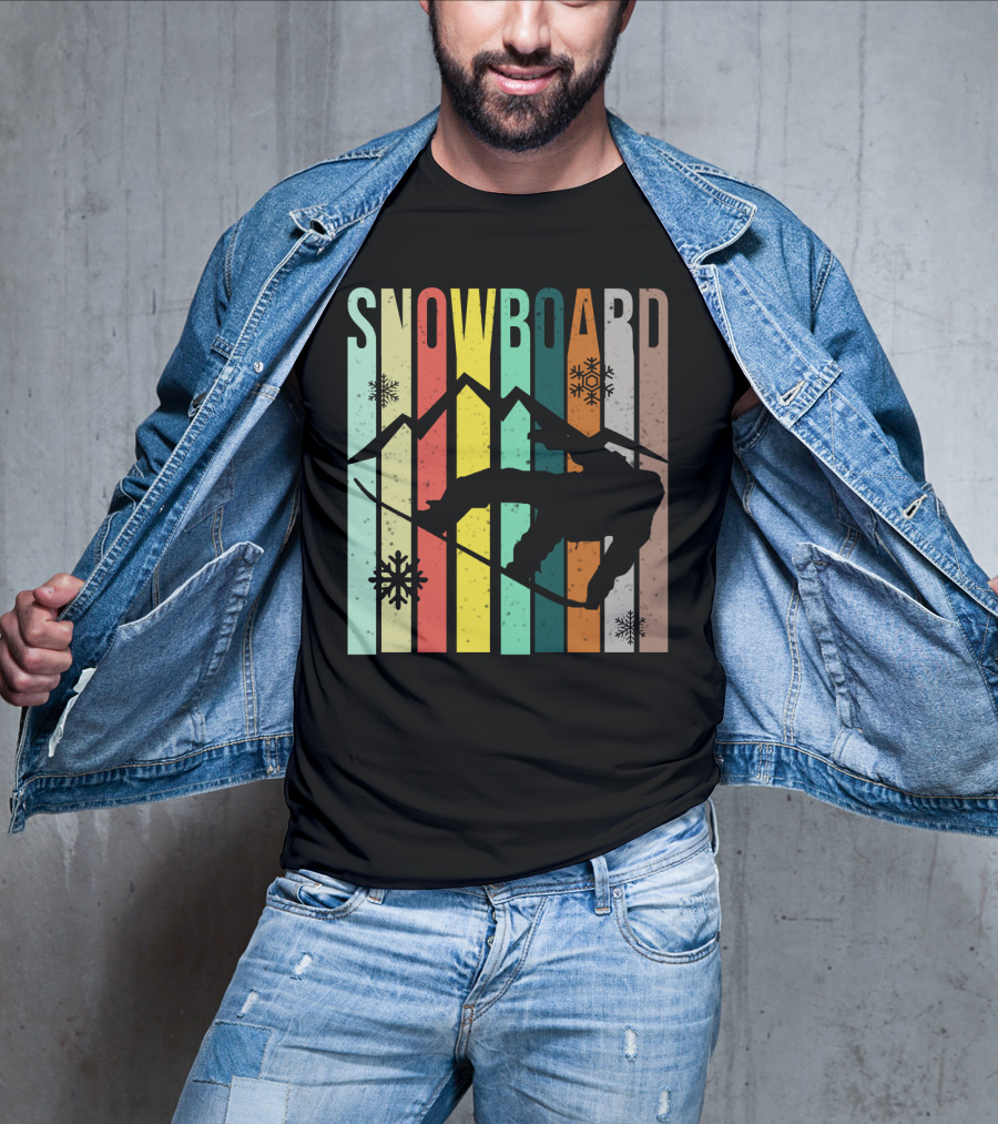 Snowboard Snowboarding Retro Mountain Silhouette Snowflakes T-Shirt