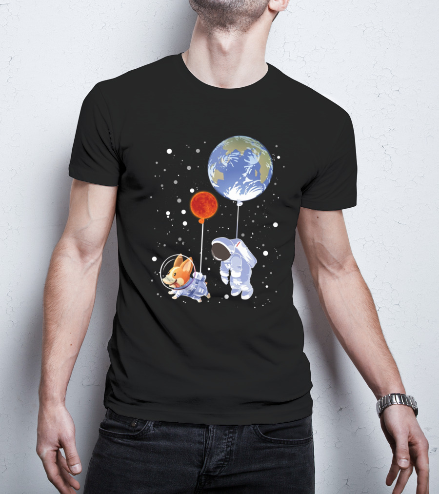 Corgi Astronaut And Human Floating With Earth And Mars Balloons In Space T-Shirt