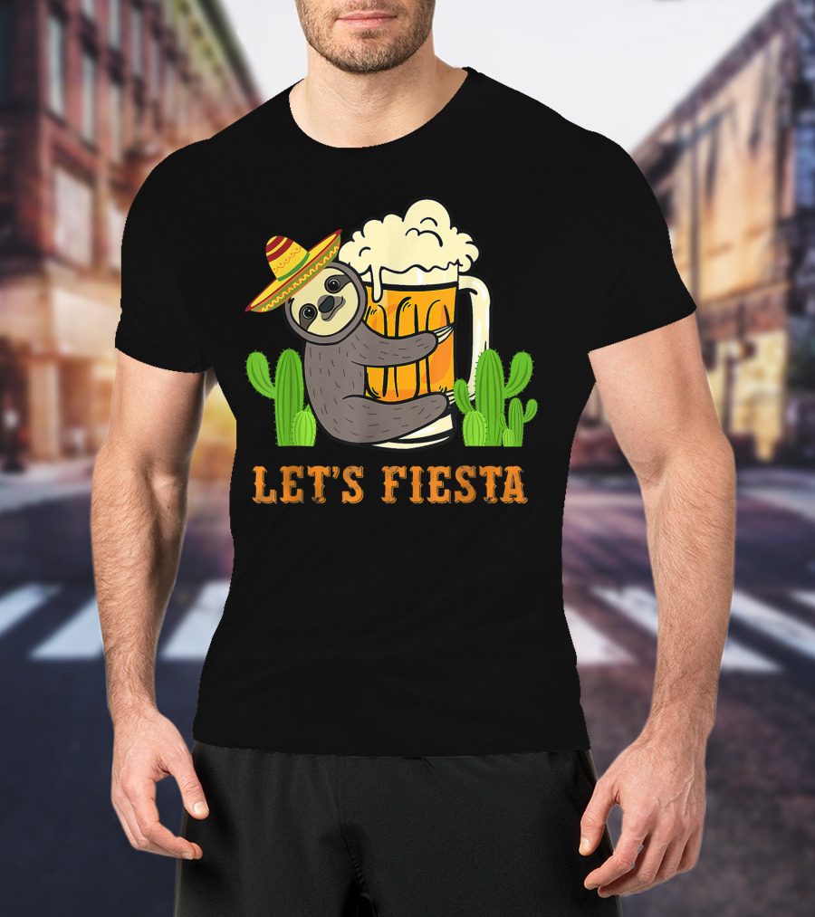 Let's Fiesta Sloth With Beer And Mexican Cactus Celebrating Cinco De Mayo T-Shirt