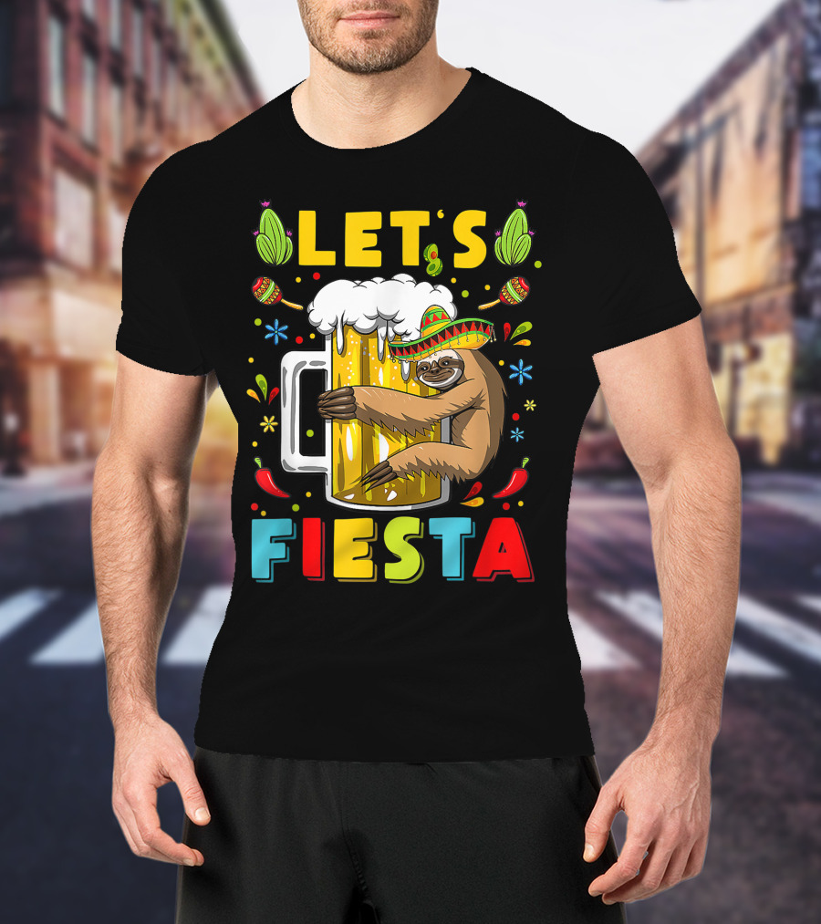 Fiesta Sloth Hugging Beer Mug With Sombrero And Mexican Decor For Cinco De Mayo T-Shirt