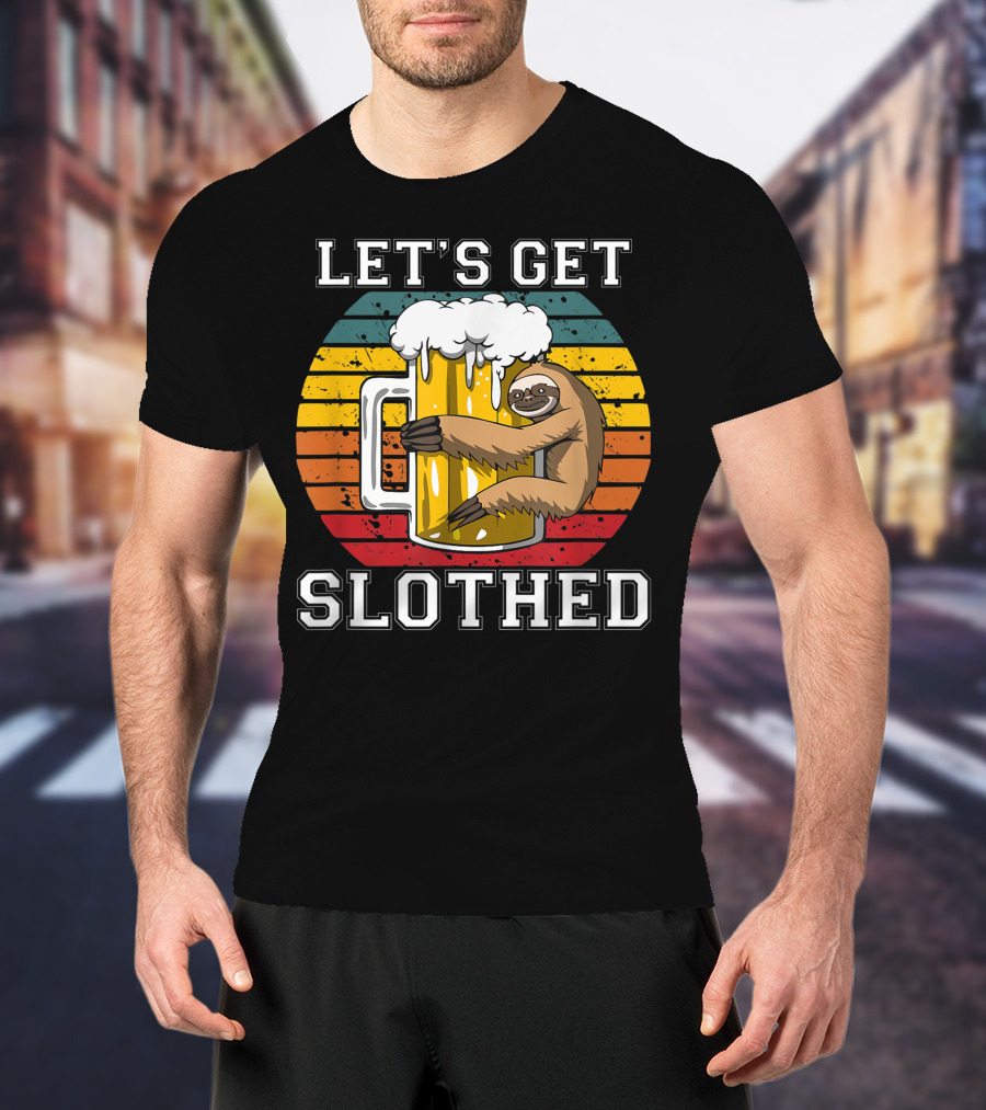 LET'S GET SLOTHED Retro Beer Mug And Sloth Hug T-Shirt